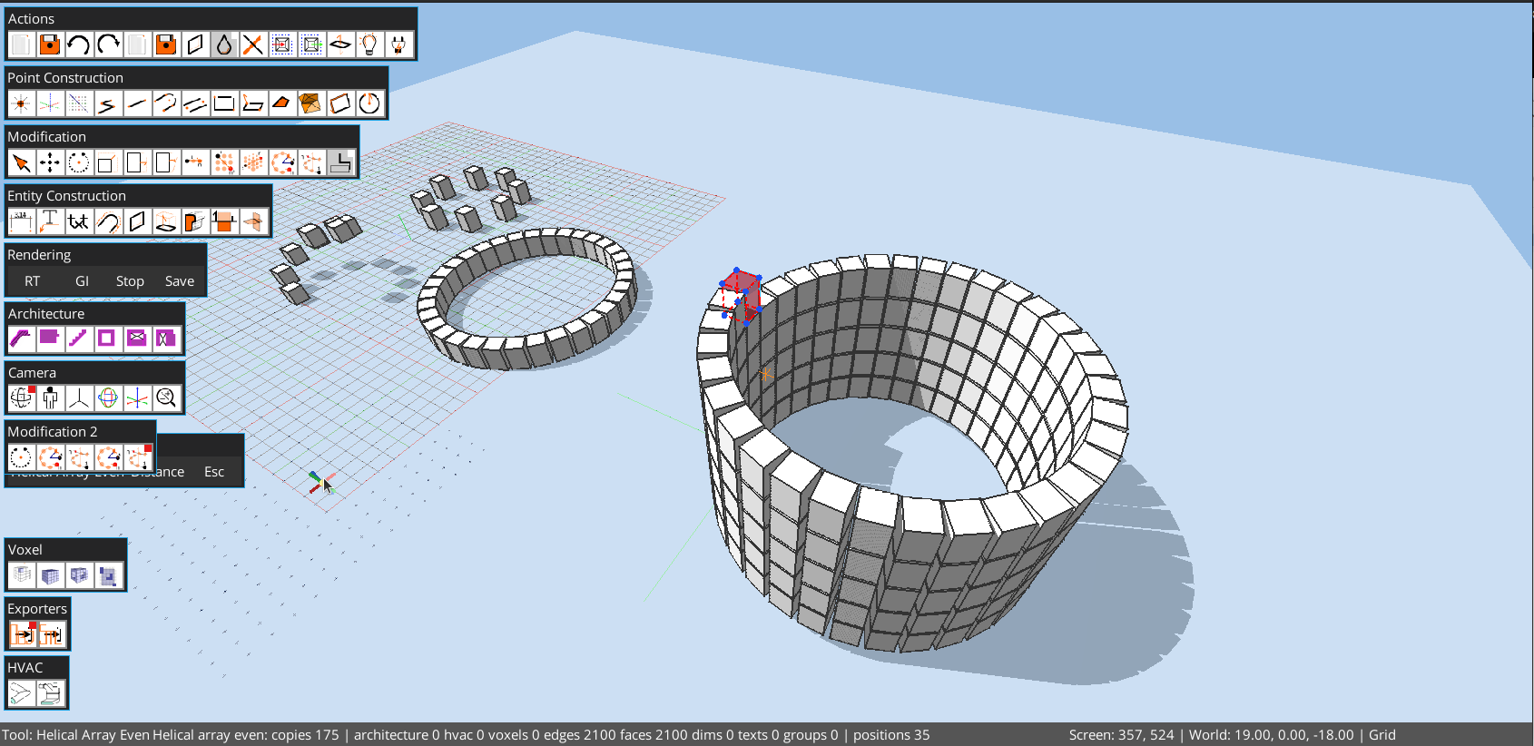 Octodraw UI showing repeated boxes arranged in a circular ring and a rising helical pattern