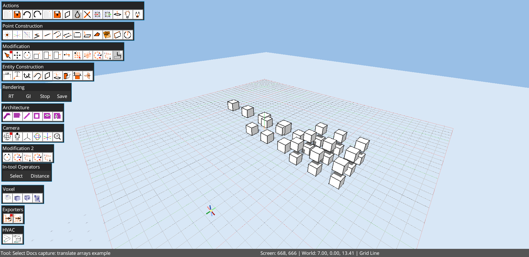 Octodraw UI showing a linear row, a planar grid, and a volumetric cluster of repeated boxes